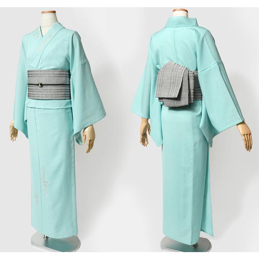 夏着物 美術サロン 無地染 刺繍 セオアルファ 水色 シンプル ワンポイント レディース30代 40代 50代 女性用 仕立上がり 単品 浴衣 日本製の画像