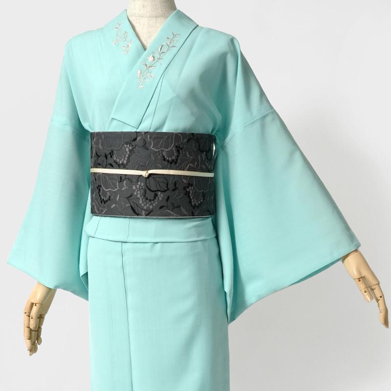夏着物 美術サロン 無地染 刺繍 セオアルファ 水色 シンプル ワンポイント レディース30代 40代 50代 女性用 仕立上がり 単品 浴衣 日本製の画像