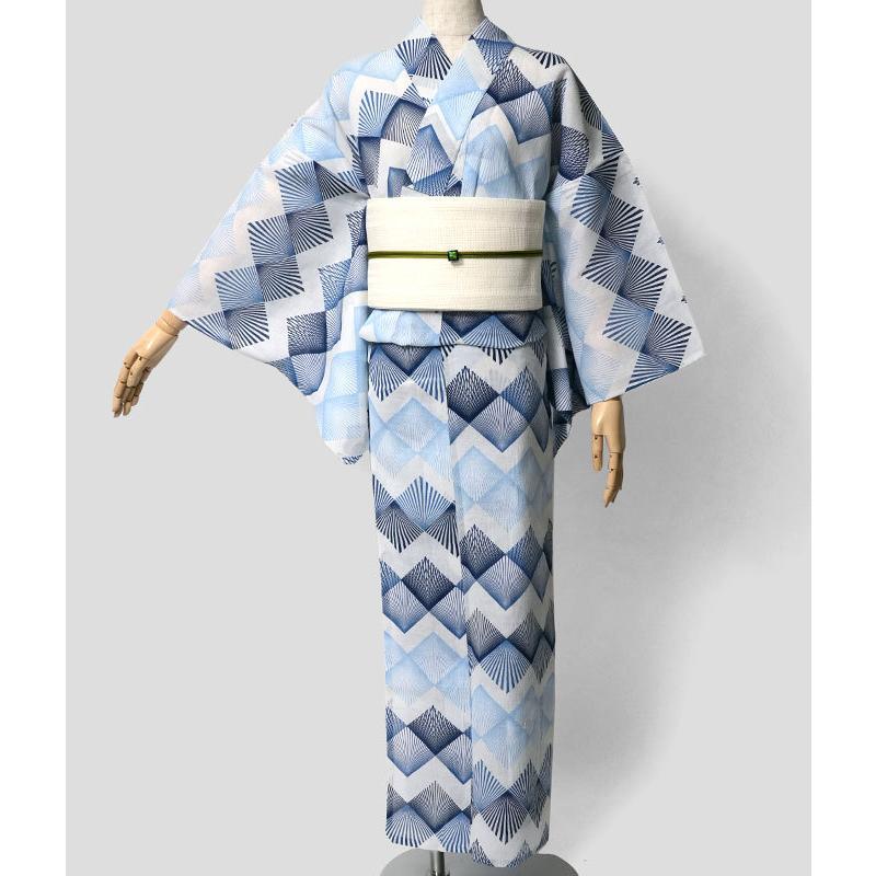 浴衣 美術サロン 近江ちぢみ 幾何学 菱形 藍捺染 綿麻 浴衣 美術サロン 近江ちぢみ 幾何学 菱形 藍捺染 綿麻