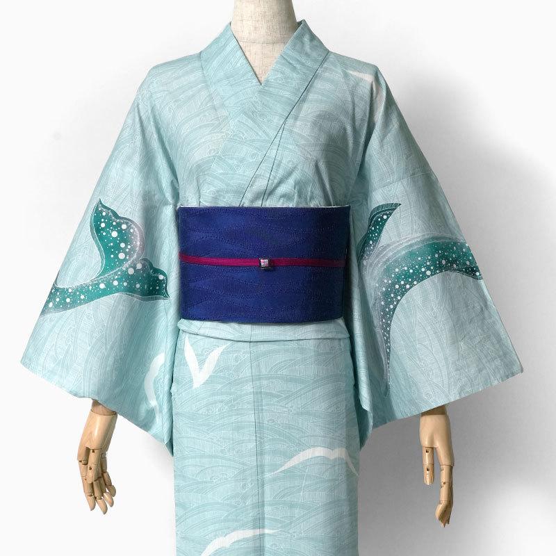 浴衣 絵羽 鯨 水色 綿紅梅 海 波 レディース 30代 40代 50代 木綿 洗える カッコイイ 個性的 レトロ モダン 女性用 仕立上がり 単品 夏着物の画像