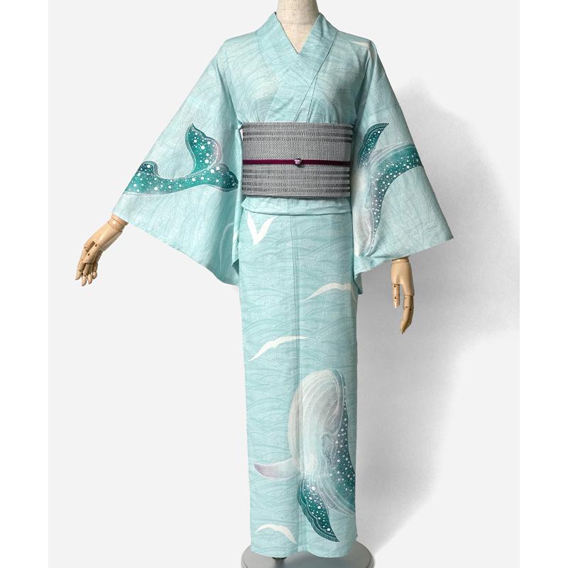 浴衣 絵羽 鯨 水色 綿紅梅 海 波 レディース 30代 40代 50代 木綿 洗える カッコイイ 個性的 レトロ モダン 女性用 仕立上がり 単品 夏着物の画像