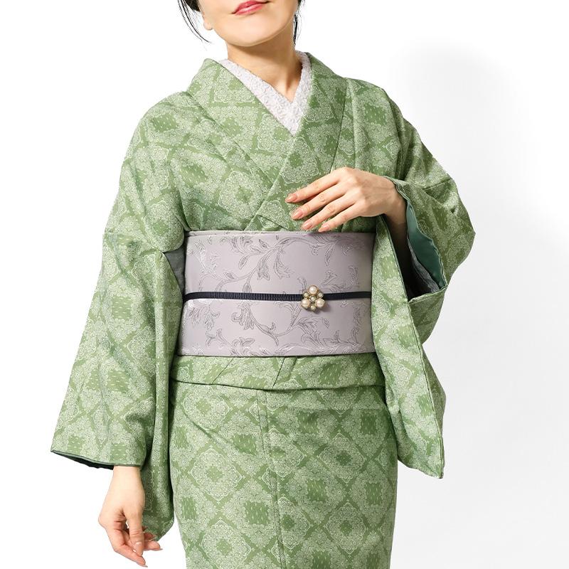 着物 洗える着物 袷 グリーン シック モダン ダマスク 仕立て上がり