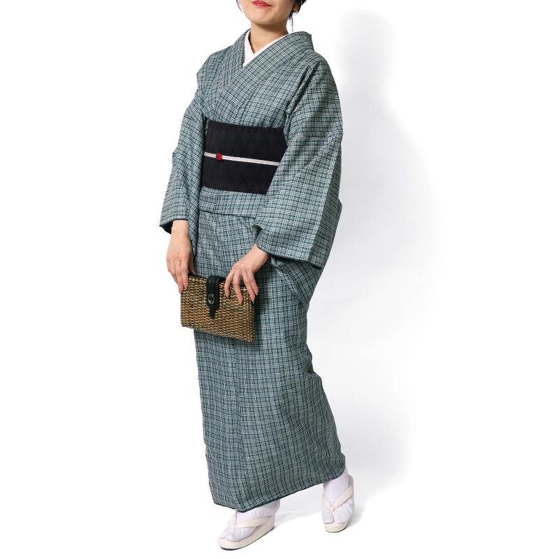 着物 洗える着物 袷 青緑 チェック 格子 モダン シック 古典柄 伝統 