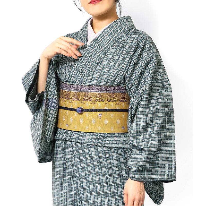 着物 洗える着物 袷 青緑 チェック 格子 モダン シック 古典柄 伝統