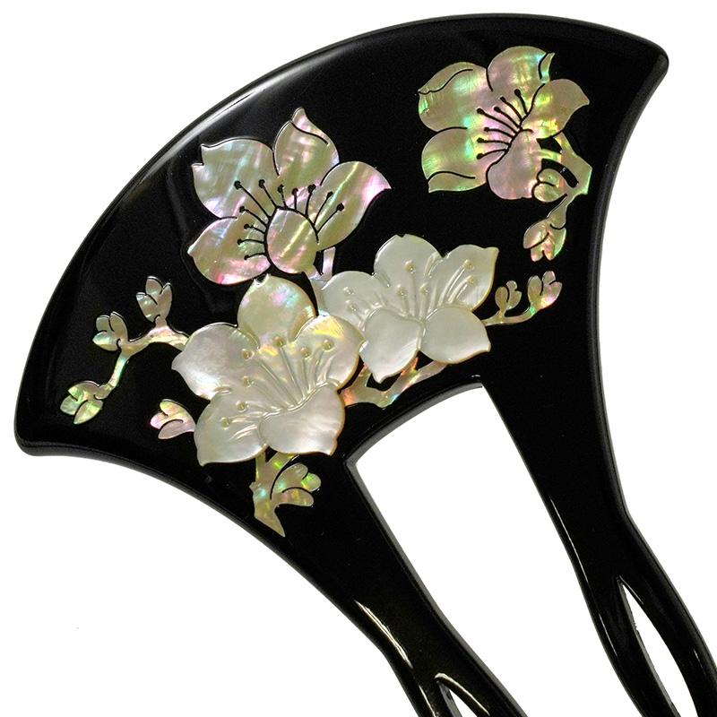 かんざし 螺鈿 桃 花 蒔絵風 黒 銀 バチ型 フォーマル 髪飾り かんざし 螺鈿 桃 花 蒔絵風 黒 銀 バチ型 フォーマル 髪飾り
