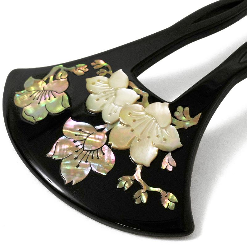 かんざし 螺鈿 桃 花 蒔絵風 黒 銀 バチ型 フォーマル 髪飾り かんざし 螺鈿 桃 花 蒔絵風 黒 銀 バチ型 フォーマル 髪飾り