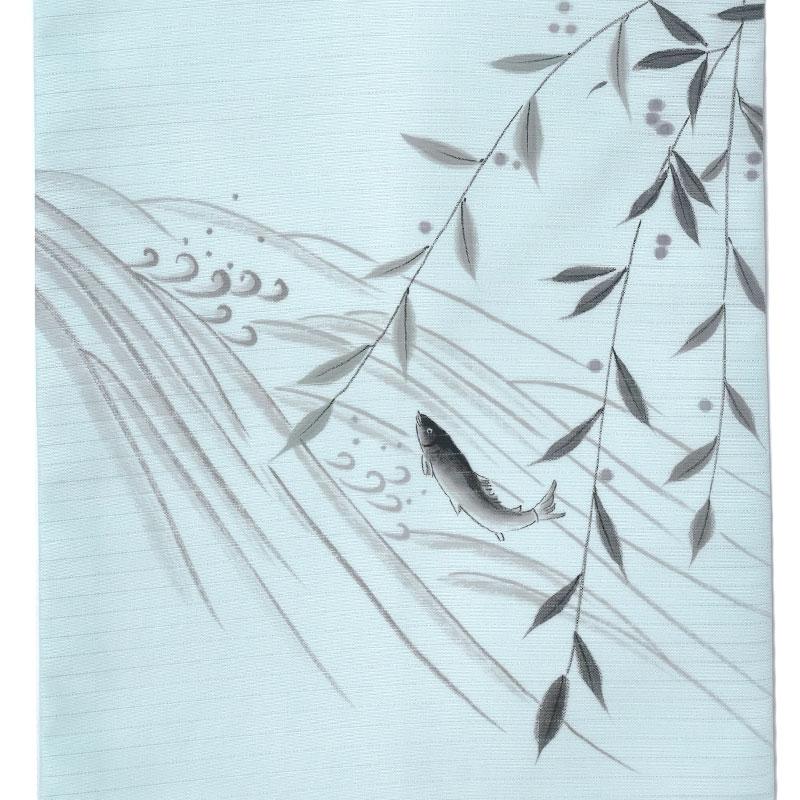 名古屋帯 絽 川鮎 魚 水色 水墨画風 日本画風 夏帯 お太鼓 一重 名古屋帯 絽 川鮎 魚 水色 水墨画風 日本画風 夏帯 お太鼓 一重