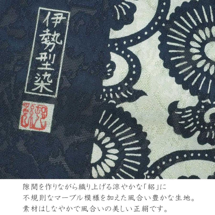 名古屋帯 絽 伊勢型染 正絹 菊唐草文 紺 薄浅葱 伝統文様 紅型風 夏帯