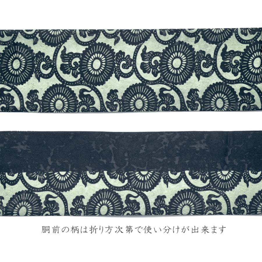名古屋帯 絽 伊勢型染 正絹 菊唐草文 紺 薄浅葱 伝統文様 紅型風 夏帯