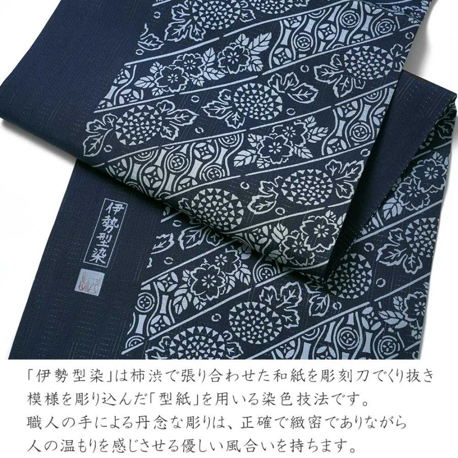 名古屋帯 絽 伊勢型染 正絹 紋寄せ縞 唐草 紺 水色 伝統文様 名古屋帯 絽 伊勢型染 正絹 紋寄せ縞 唐草 紺 水色 伝統文様