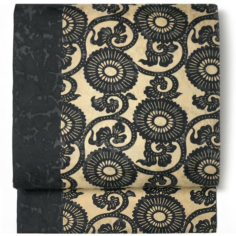 名古屋帯 絽 伊勢型染 正絹 菊唐草文 紺 生成 ベージュ 伝統文様 紅型