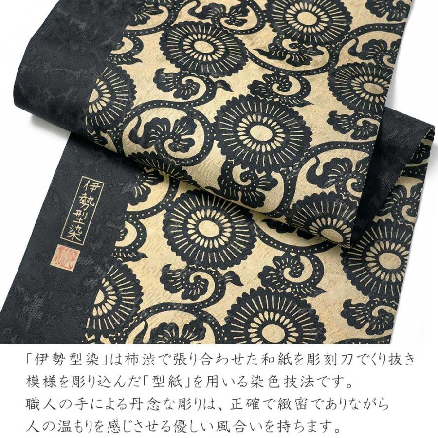 名古屋帯 絽 伊勢型染 正絹 菊唐草文 紺 生成 ベージュ 伝統文様 紅型