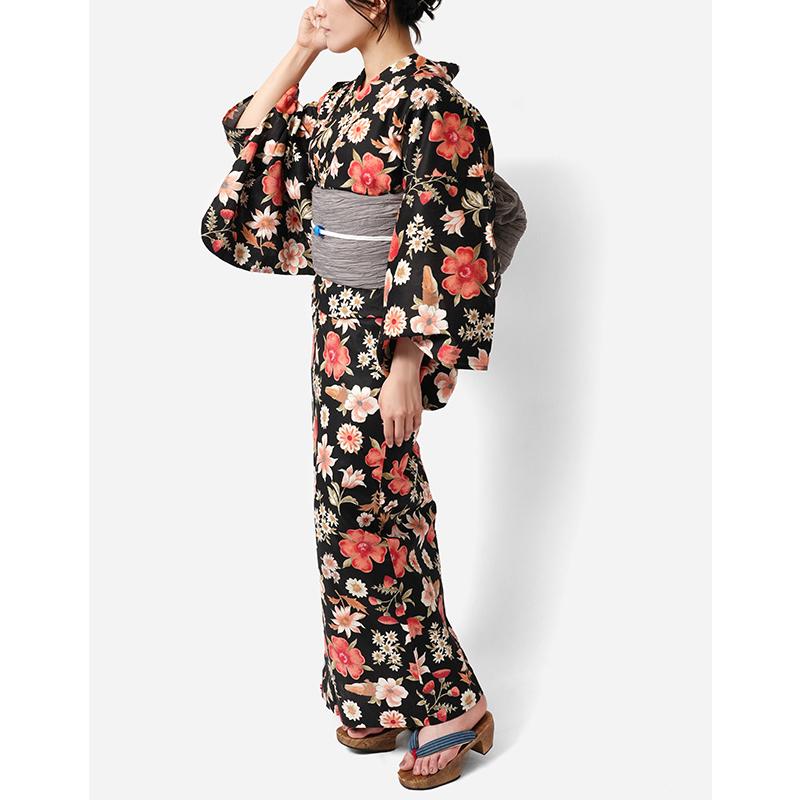浴衣 2点セット ワニとボタニカル 黒 赤 花柄 木綿 個性的 レトロ