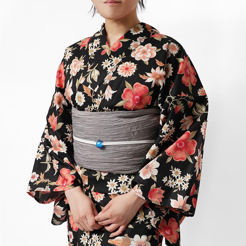 浴衣 2点セット ワニとボタニカル 黒 赤 花柄 木綿 個性的 レトロ