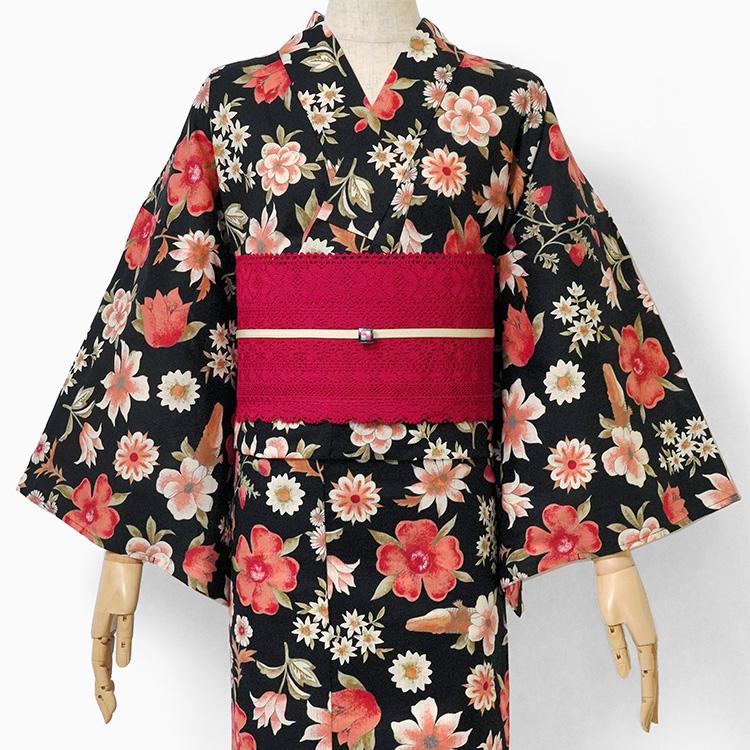 浴衣 ワニとボタニカル 黒 赤 花柄 木綿 個性的 レトロモダン 大人
