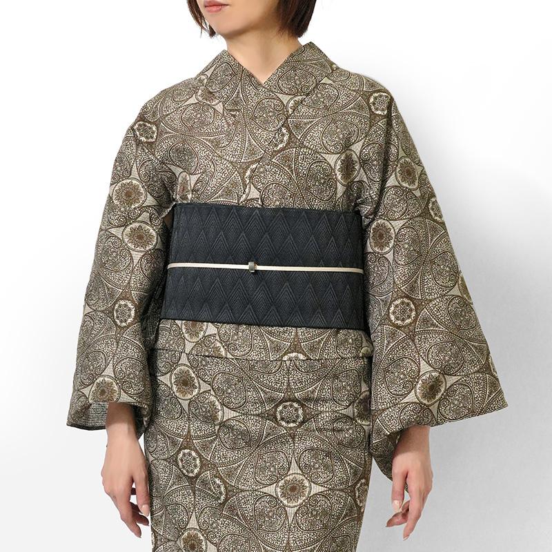 浴衣 美術サロン 綿絽 ダマスク模様 グレージュ カーキ 細密染め