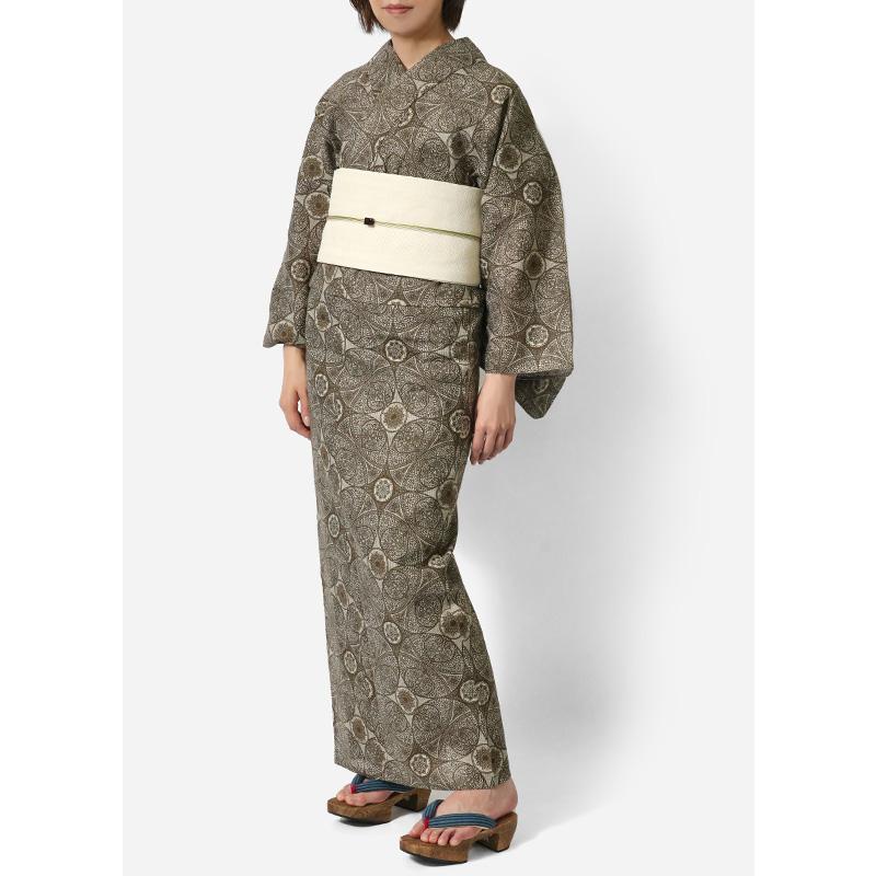 浴衣 美術サロン 綿絽 ダマスク模様 グレージュ カーキ 細密染め
