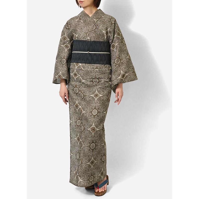 浴衣 美術サロン 綿絽 ダマスク模様 グレージュ カーキ 細密染め