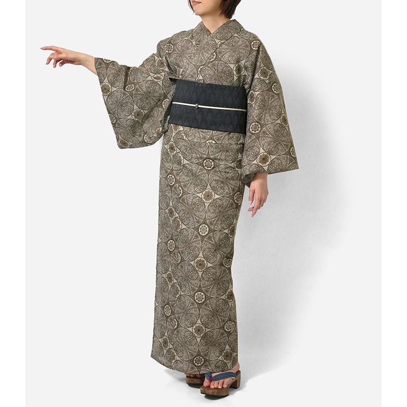 くうたま✺浴衣 伝統工芸 裄64 身丈153 浴衣 美術サロン 綿絽 ダマスク模様 グレージュ カーキ 細密染め