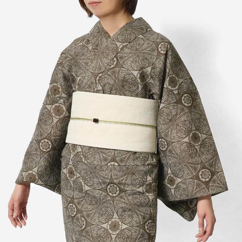 浴衣 美術サロン 綿絽 ダマスク模様 グレージュ カーキ 細密染め