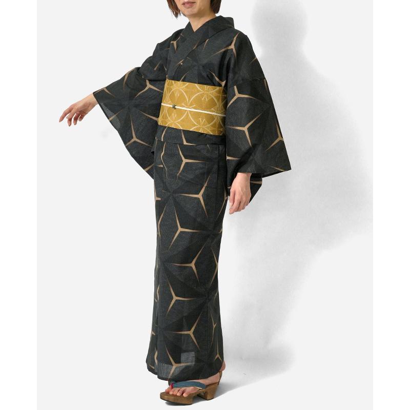 浴衣 美術サロン 綿絽 麻の葉流水 黒 グレー 細密染め 知多木綿 浴衣 美術サロン 綿絽 麻の葉流水 黒 グレー 細密染め 知多木綿