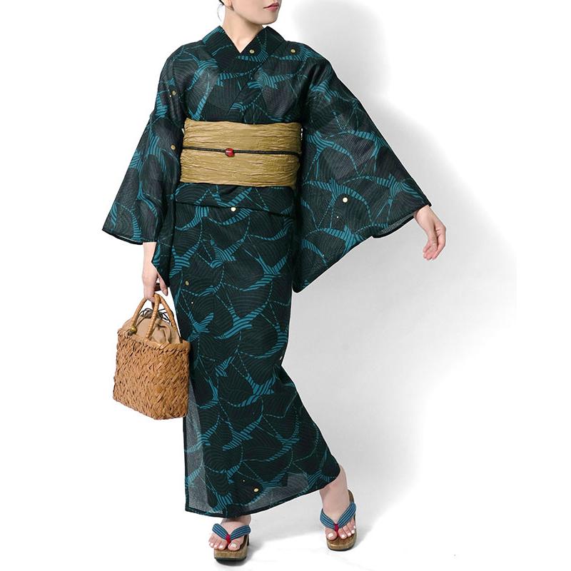 浴衣 美術サロン 綿紅梅 重ね染め 箔 波ツバメ 黒 青 緑 引き 浴衣 美術サロン 綿紅梅 重ね染め 箔 波ツバメ 黒 青 緑 引き