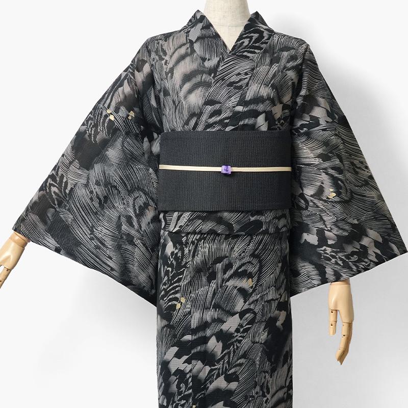 浴衣 美術サロン 綿麻 綿麻 重ね染め 羽 黒 グレージュ 箔 引き染め 手捺染 レディース カッコイイ 上品 女性用 仕立上がり 単品 日本製の画像