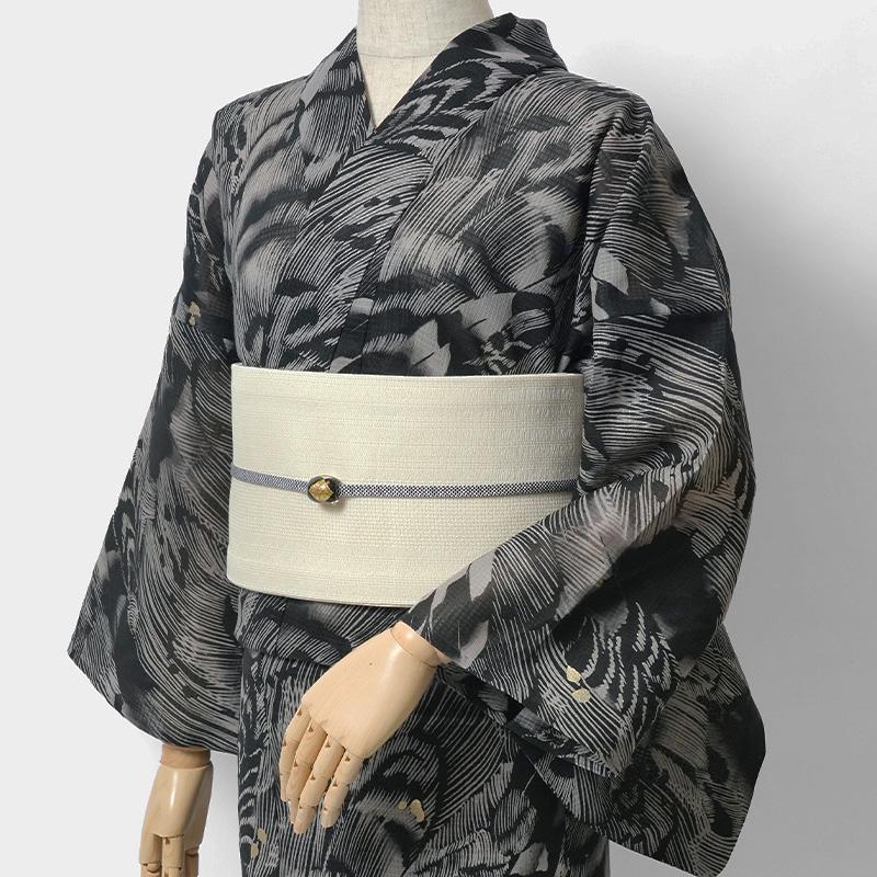 浴衣 美術サロン 綿麻 綿麻 重ね染め 羽 黒 グレージュ 箔 引き染め 手捺染 レディース カッコイイ 上品 女性用 仕立上がり 単品 日本製の画像