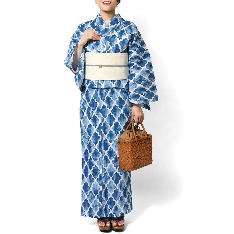 浴衣 美術サロン 藍捺染 モロッカン 藍 紺 白 知多木綿 浴衣 美術サロン 藍捺染 モロッカン 藍 紺 白 知多木綿