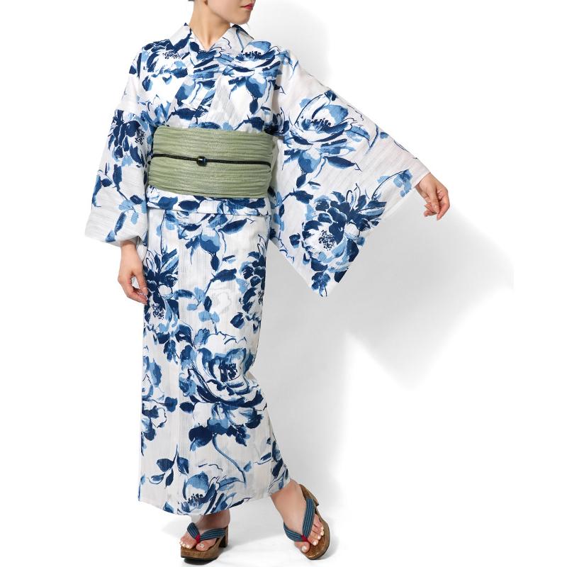 浴衣 美術サロン 藍捺染 牡丹 白 藍 紺 知多木綿 レディース 浴衣 美術サロン 藍捺染 牡丹 白 藍 紺 知多木綿 レディース
