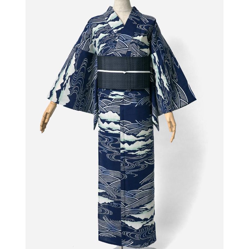 浴衣 和風館 注染 山川海 紺 藍 古典柄 流水 知多木綿 レディース 上品