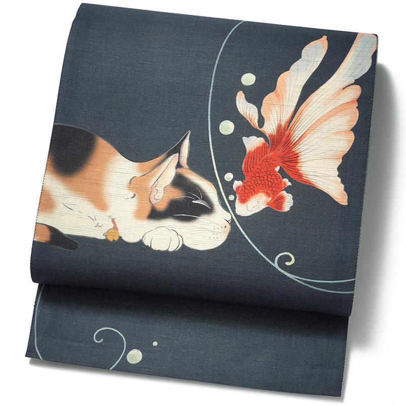 京袋帯 WAKKA 麻 はつ恋 紺 ネイビー 赤 三毛猫 金魚 出目金 京袋帯 WAKKA 麻 はつ恋 紺 ネイビー 赤 三毛猫 金魚 出目金