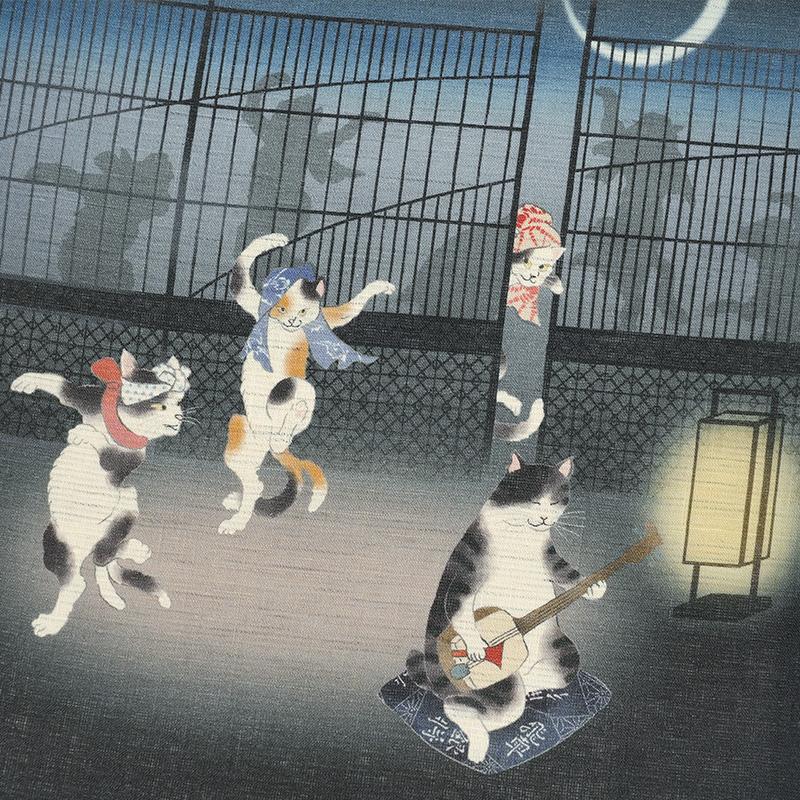 京袋帯 WAKKA 麻 猫の踊り場 黒 ネイビー 紺 サバ白 サバネコ 三毛猫