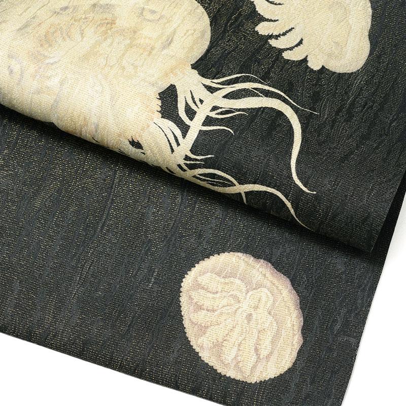 名古屋帯 海月 海 黒 ラメ 生き物 モダン 絹 日本製 お太鼓 仕立て