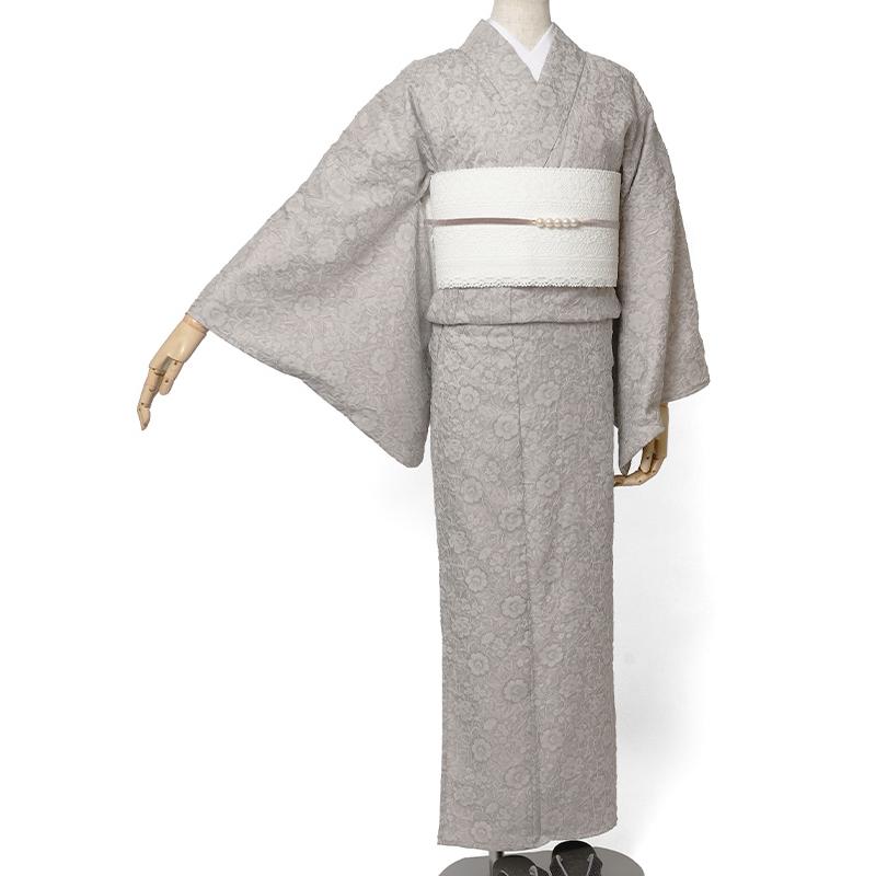 レース着物 オーガンジー フラワー グレー ニュアンスカラー レディース シフォン 浴衣 モダン 上品 シンプル 女性用 仕立上がり 単品 単衣の画像