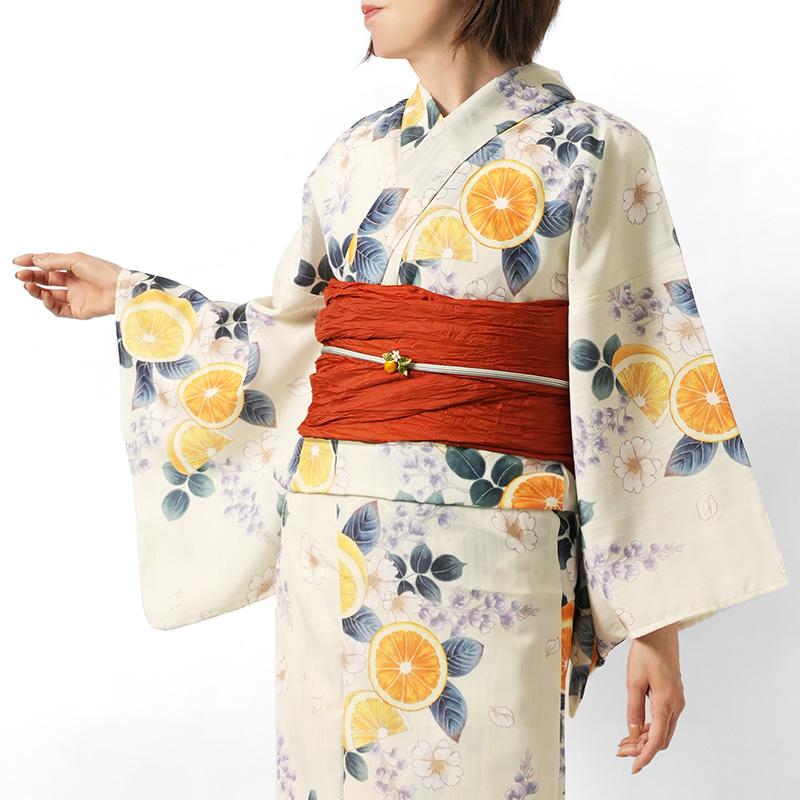 浴衣 シトラスと花 レモン オレンジ 藤 桜 クリーム オフ白