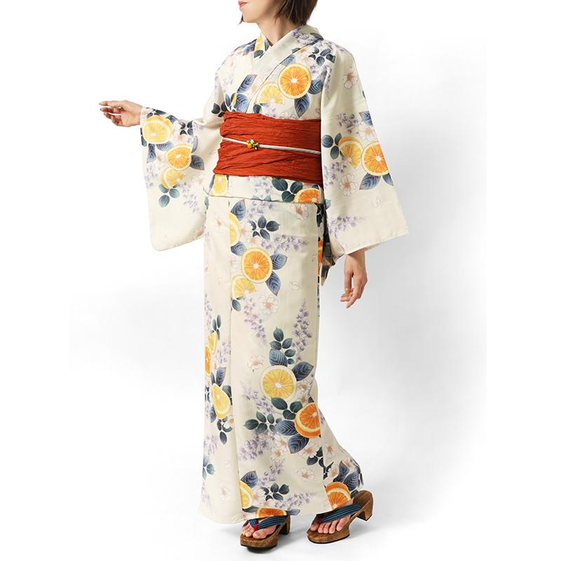 浴衣 ゆかた お仕立て上がり浴衣 薄ベージュ地 ボタニカル柄 yu2271 浴衣 シトラスと花 レモン オレンジ 藤 桜 クリーム オフ白 レディース