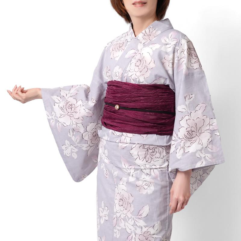 浴衣 2点セット 牡丹 ふじ 薄紫 ニュアンスカラー 花柄 兵児帯 レディース ボタニカル シック モダン 綿 上品 20代 30代 40代 50代 女性用 浴衣セット_7
