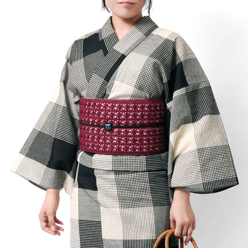浴衣 綿麻 先染め ブロックチェック 黒 オフ白 ベージュ 格子