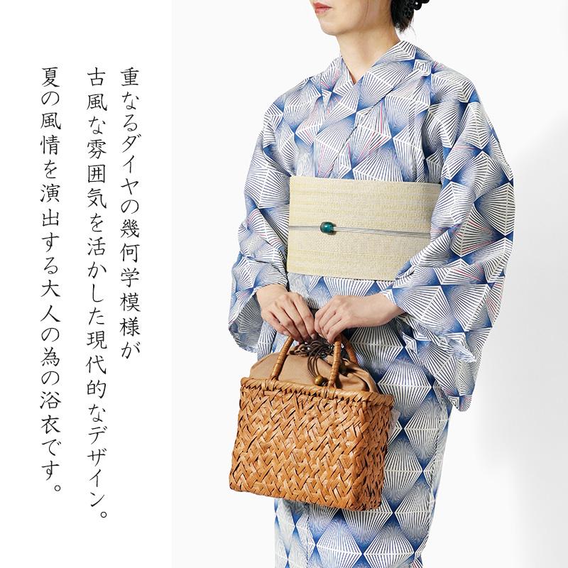 浴衣 白 青 ダイヤパターン 菱型 木綿 古典柄 幾何学 大人 レトロ