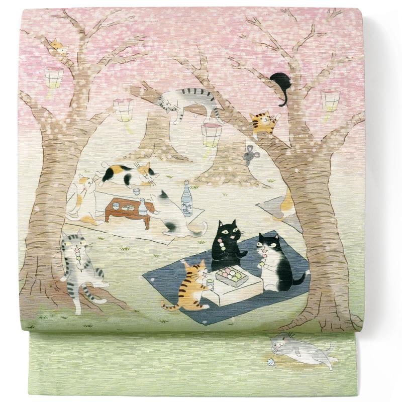 京袋帯 WAKKA お花見猫 グリーン ピンク ベージュ 猫 動物 モダン ねこ 