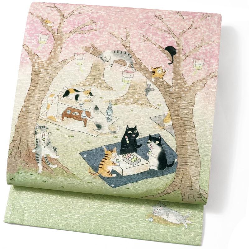 京袋帯 WAKKA お花見猫 グリーン ピンク ベージュ 猫 動物 モダン ねこ