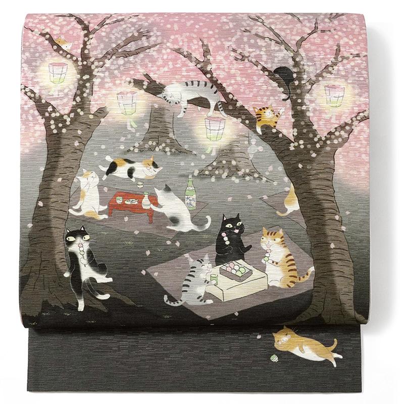 京袋帯 WAKKA お花見猫 黒 ピンク 夜桜 猫 動物 モダン ねこ 正絹