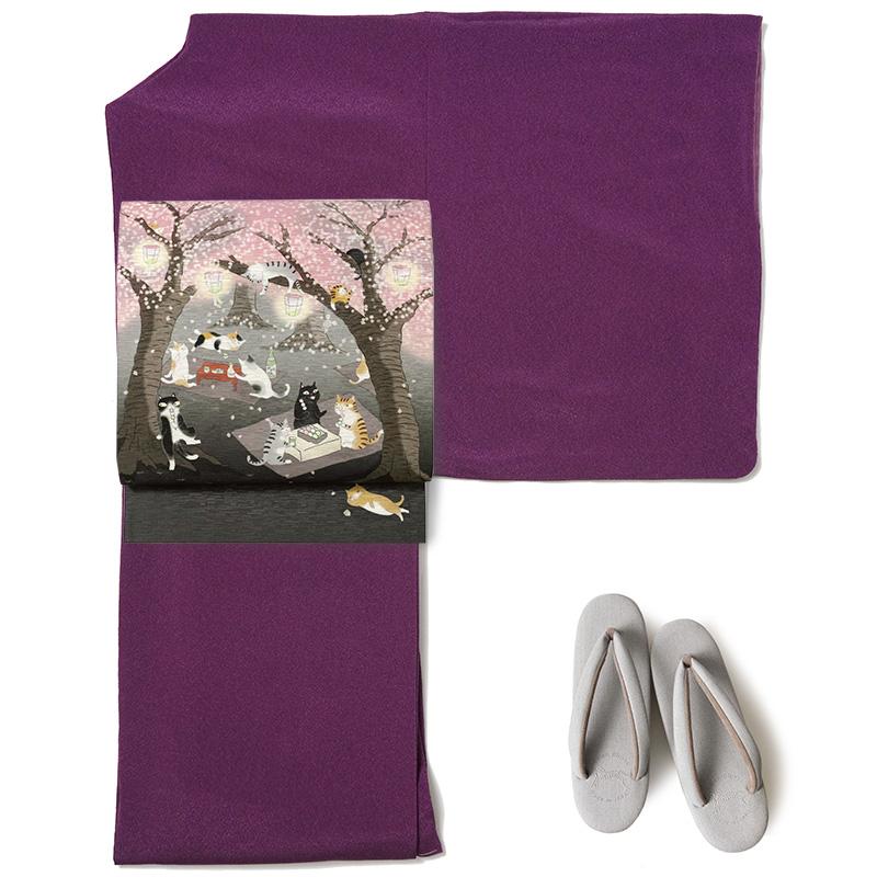 京袋帯 WAKKA お花見猫 黒 ピンク 夜桜 猫 動物 モダン ねこ 正絹