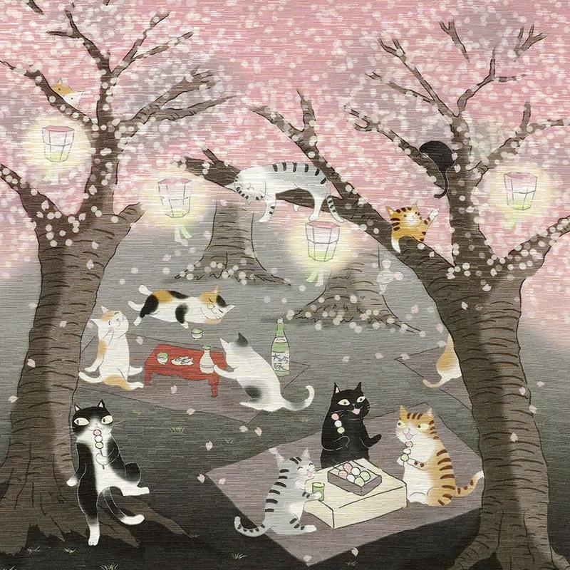 京袋帯 WAKKA お花見猫 黒 ピンク 夜桜 猫 動物 モダン ねこ 正絹