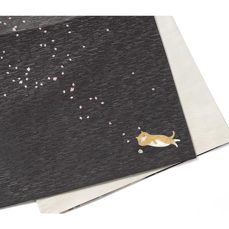 京袋帯 WAKKA お花見猫 黒 ピンク 夜桜 猫 動物 モダン ねこ 正絹