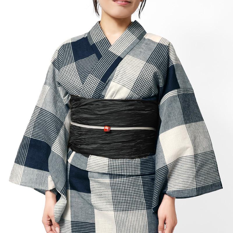 浴衣 綿麻 先染め ブロックチェック ネイビー 紺 ベージュ 格子 レディース 幾何学 シック モダン 仕立上がり20代 30代 40代 50代 女性用 単品の画像
