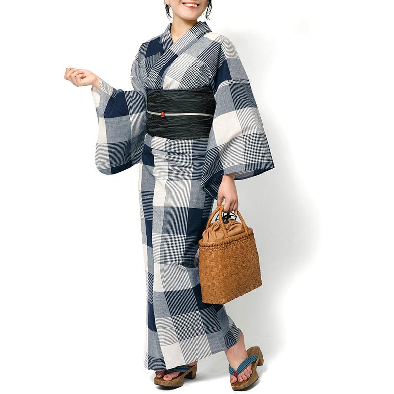 浴衣 綿麻 先染め ブロックチェック ネイビー 紺 ベージュ 格子 レディース 幾何学 シック モダン 仕立上がり20代 30代 40代 50代 女性用 単品の画像