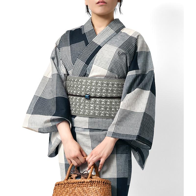 浴衣 綿麻 先染め ブロックチェック ネイビー 紺 ベージュ 格子 レディース 幾何学 シック モダン 仕立上がり20代 30代 40代 50代 女性用 単品の画像