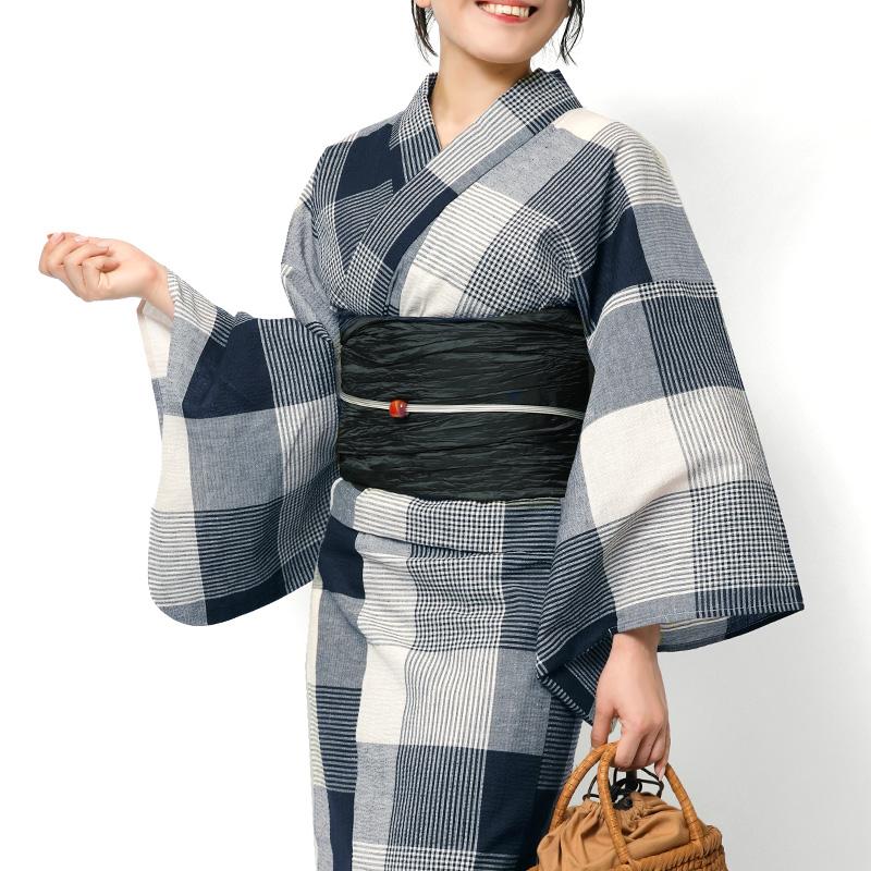 浴衣 綿麻 先染め ブロックチェック ネイビー 紺 ベージュ 格子 レディース 幾何学 シック モダン 仕立上がり20代 30代 40代 50代 女性用 単品の画像
